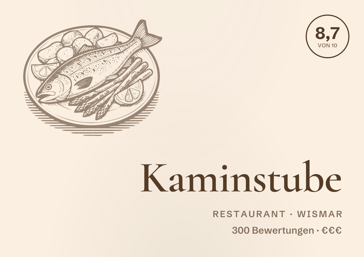Illustriertes Poster von Kaminstube, Restaurant in Wismar: Bewertung 8,7 von 10 aus 300 Bewertungen, Preisniveau €€€