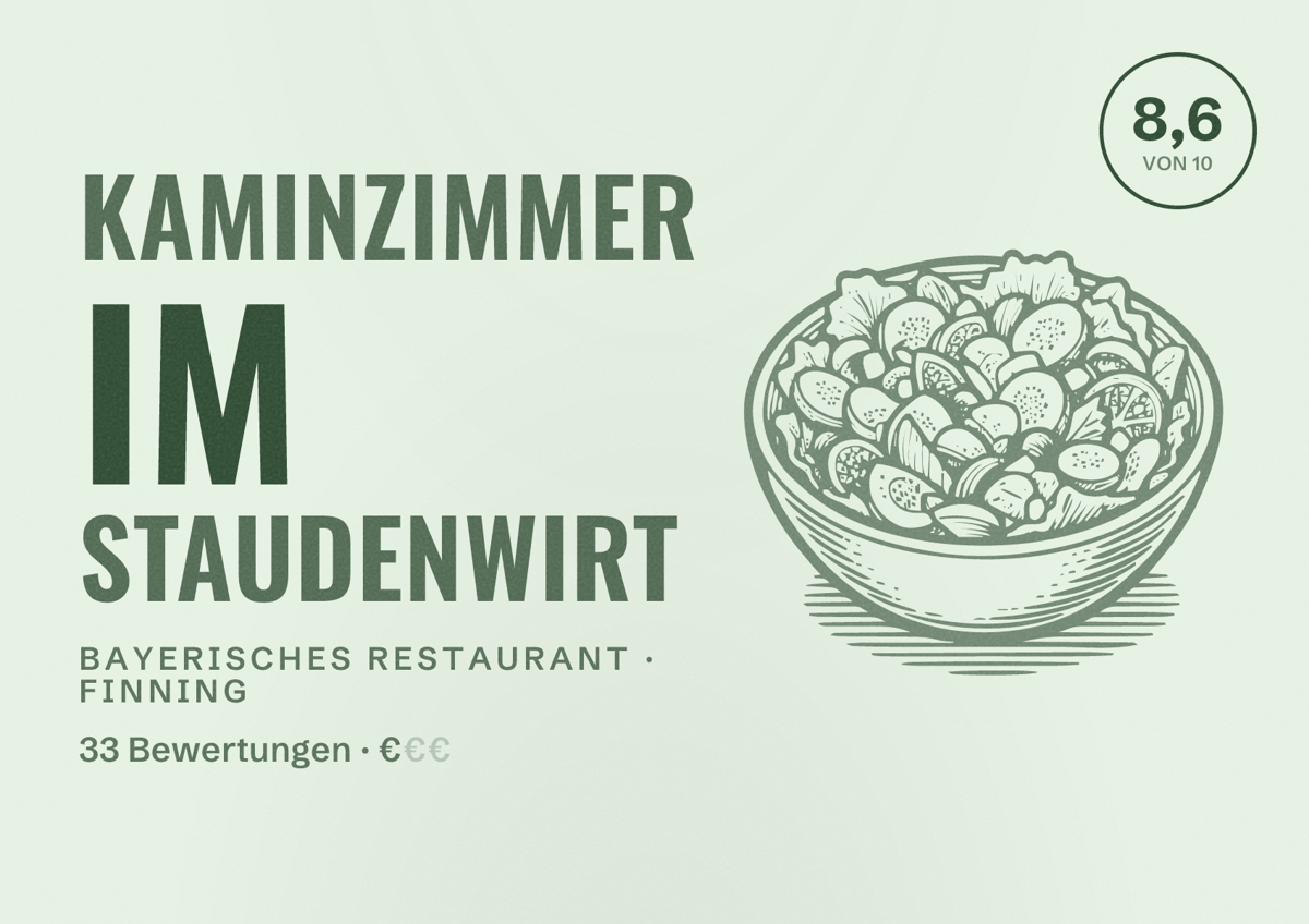 Illustriertes Poster von Kaminzimmer im Staudenwirt, Bayerisches Restaurant in Finning: Bewertung 8,6 von 10 aus 33 Bewertungen, Preisniveau €