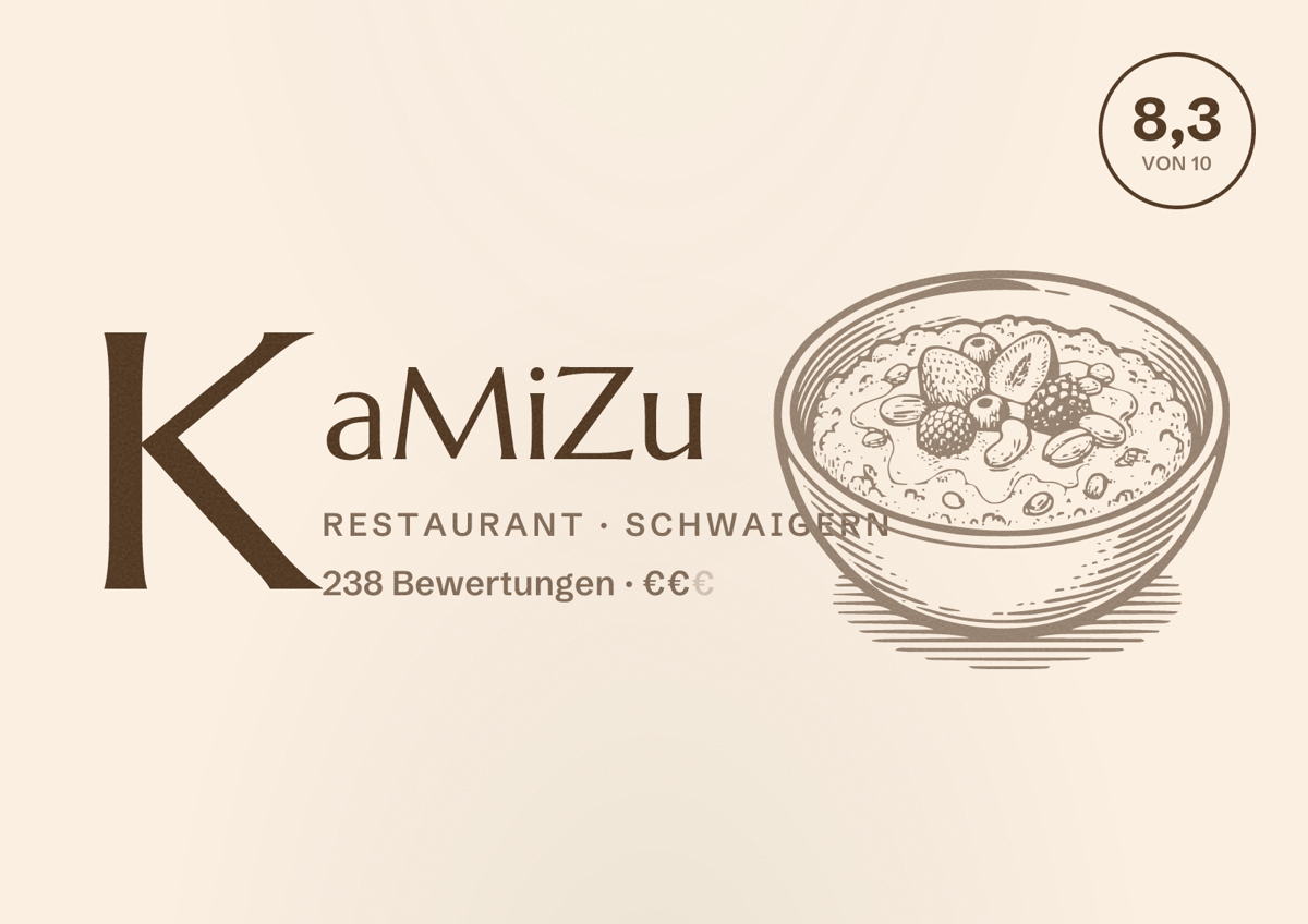 Illustriertes Poster von KaMiZu, Restaurant in Schwaigern: Bewertung 8,3 von 10 aus 238 Bewertungen, Preisniveau €€