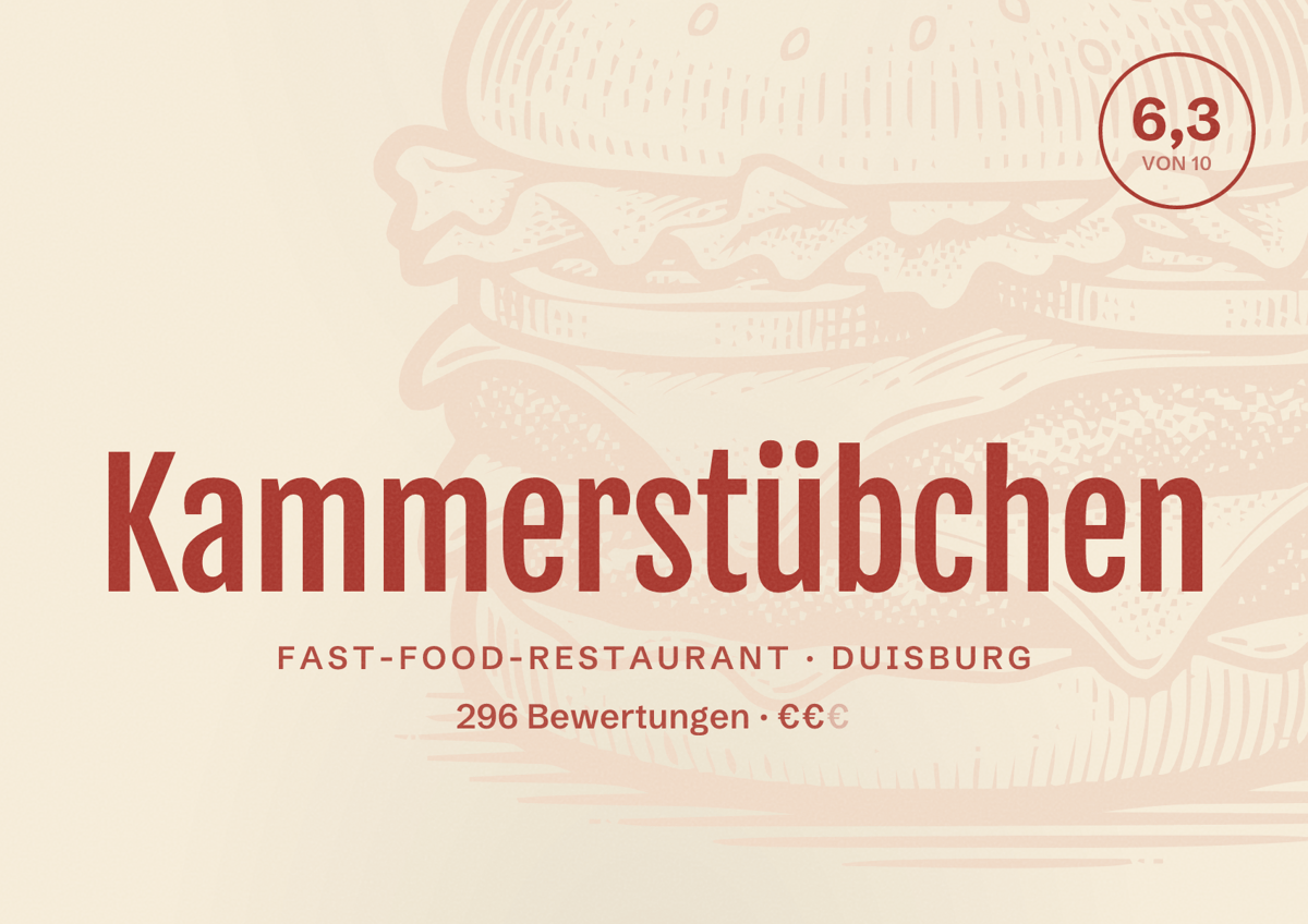 Illustriertes Poster von Kammerstübchen, Fast-Food-Restaurant in Duisburg: Gästebewertung 6,3 von 10 aus 296 Bewertungen