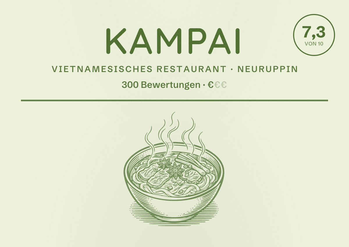 Illustriertes Poster von Kampai, Vietnamesisches Restaurant in Neuruppin: Bewertung 7,3 von 10 aus 300 Bewertungen, Preisniveau €