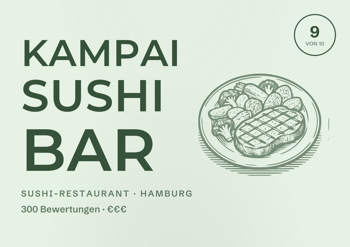 Illustriertes Poster von Kampai Sushi bar, Sushi-Restaurant in Hamburg: Bewertung 9,0 von 10 aus 300 Bewertungen, Preisniveau €€€