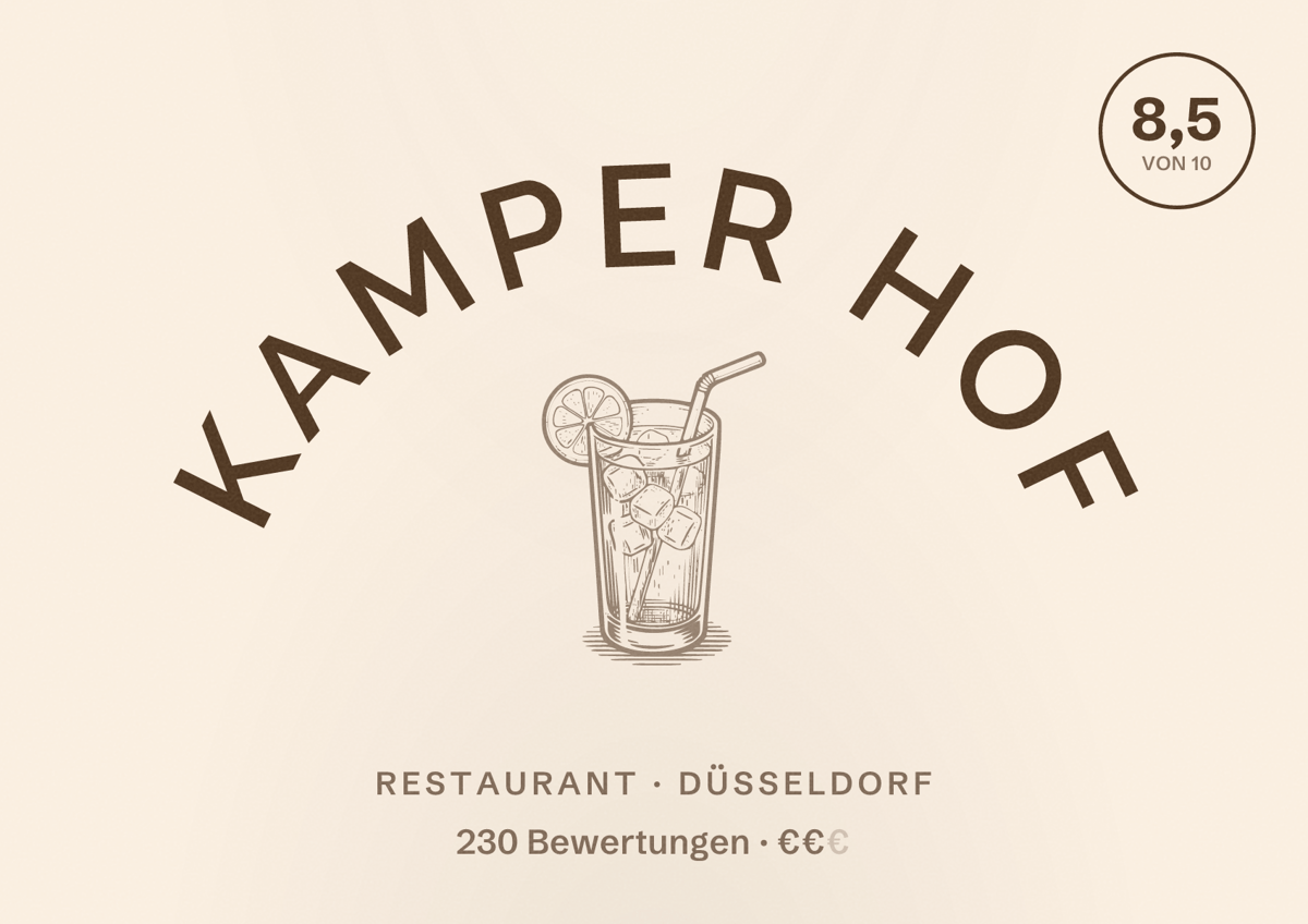 Illustriertes Poster von Kamper Hof, Restaurant in Düsseldorf: Bewertung 8,5 von 10 aus 230 Bewertungen, Preisniveau €€