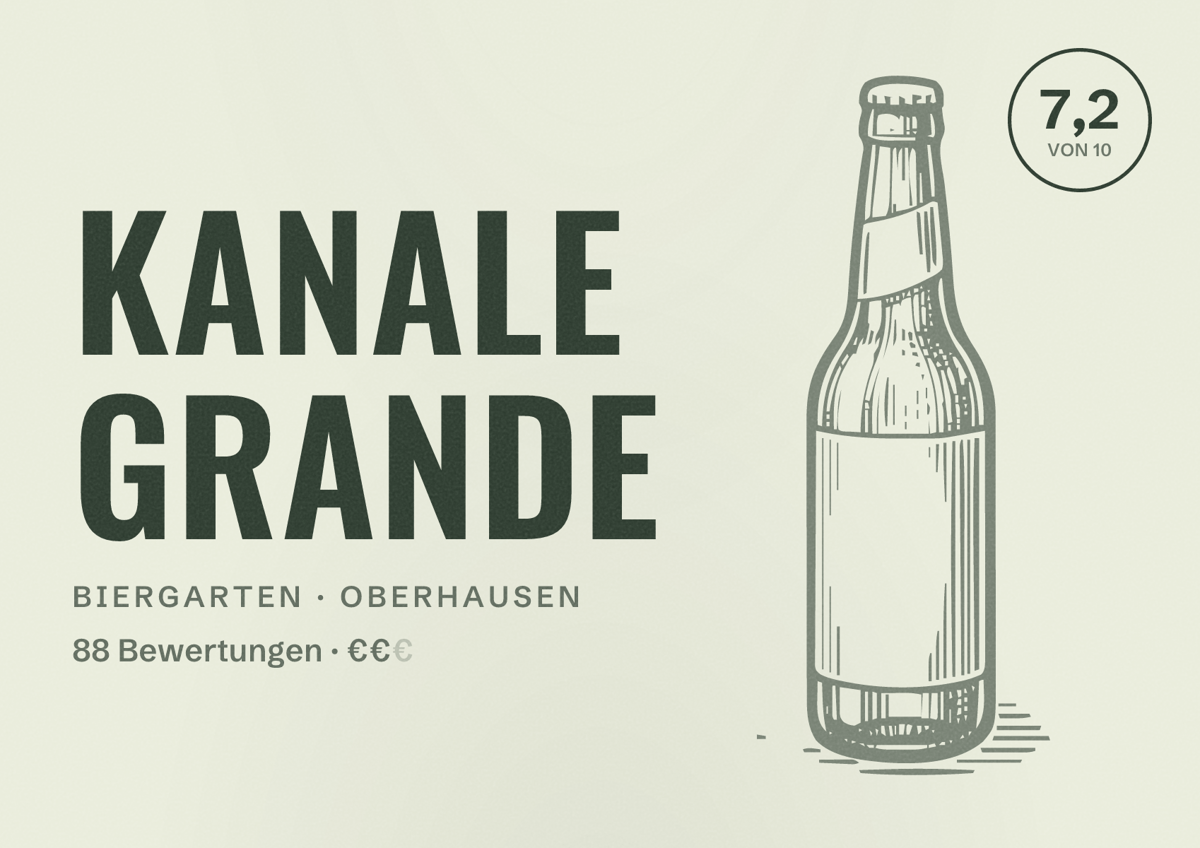 Illustriertes Poster von Kanale Grande, Biergarten in Oberhausen: Bewertung 7,2 von 10 aus 88 Bewertungen, Preisniveau €€