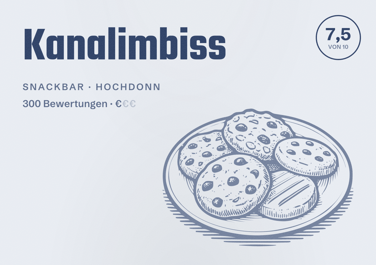 Illustriertes Poster von Kanalimbiss, Snackbar in Hochdonn: Bewertung 7,5 von 10 aus 300 Bewertungen, Preisniveau €
