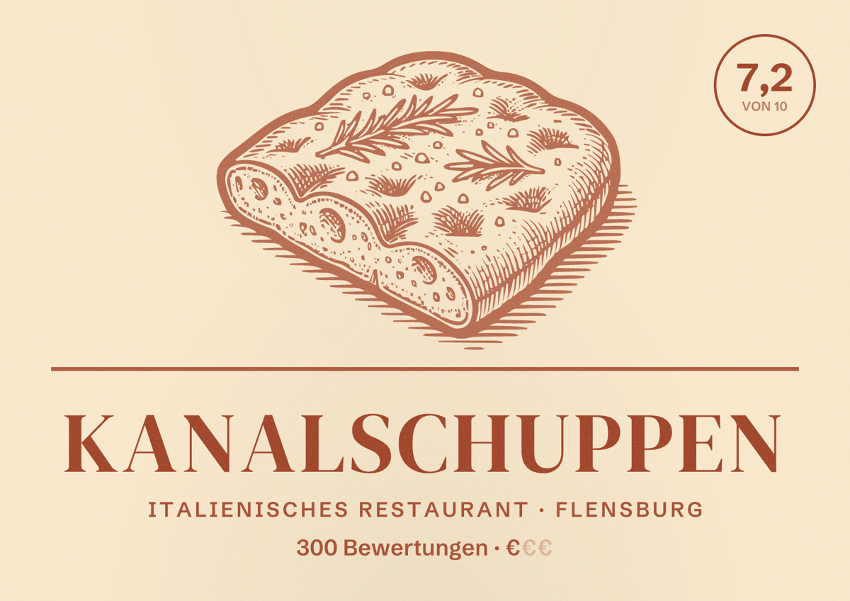 Illustriertes Poster von Kanalschuppen, Italienisches Restaurant in Flensburg: Bewertung 7,2 von 10 aus 300 Bewertungen, Preisniveau €