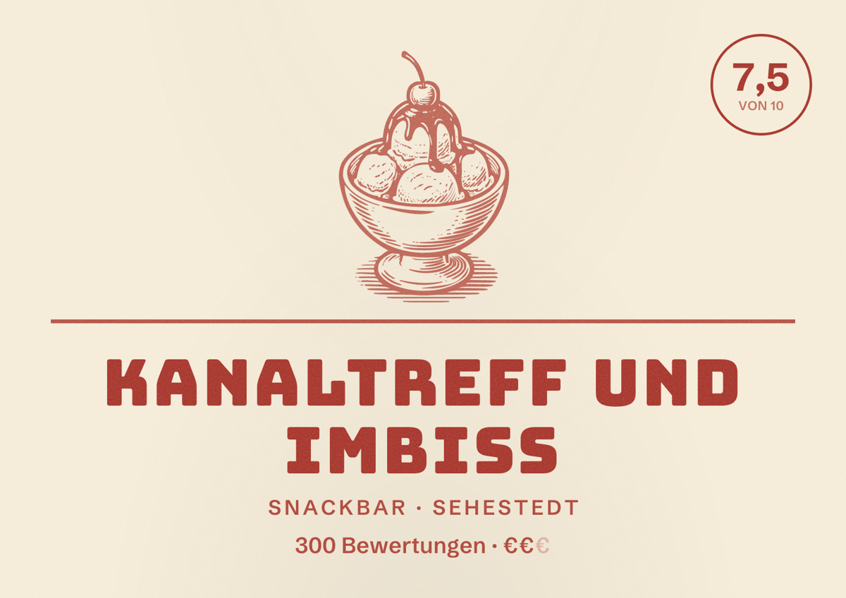 Illustriertes Poster von KanalTreff und Imbiss, Snackbar in Sehestedt: Bewertung 7,5 von 10 aus 300 Bewertungen, Preisniveau €€