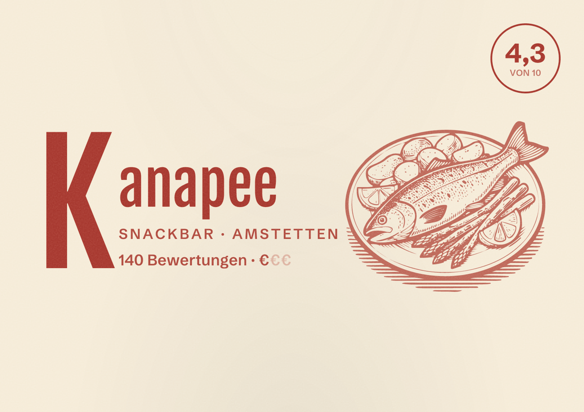 Illustriertes Poster von Kanapee, Snackbar in Amstetten: Bewertung 4,3 von 10 aus 140 Bewertungen, Preisniveau €