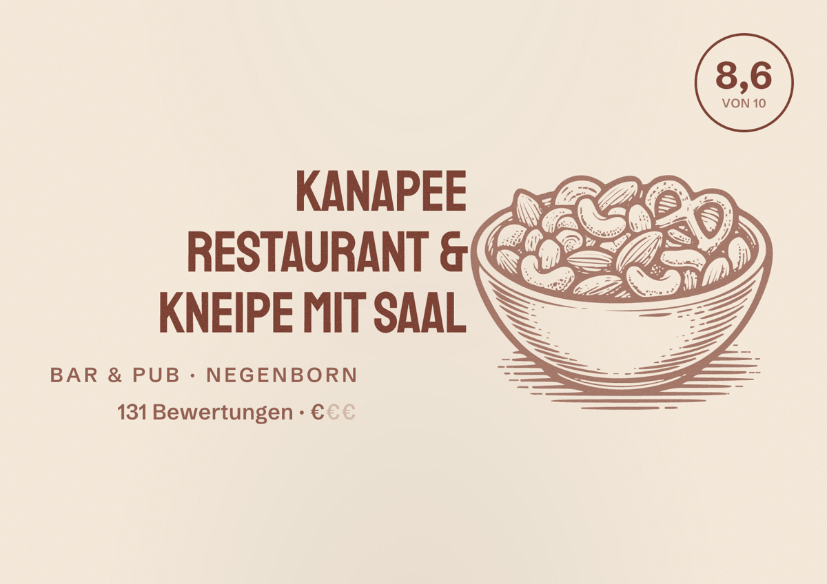 Illustriertes Poster von Kanapee Restaurant & Kneipe mit Saal, Bar & Pub in Negenborn: Bewertung 8,6 von 10 aus 131 Bewertungen, Preisniveau €
