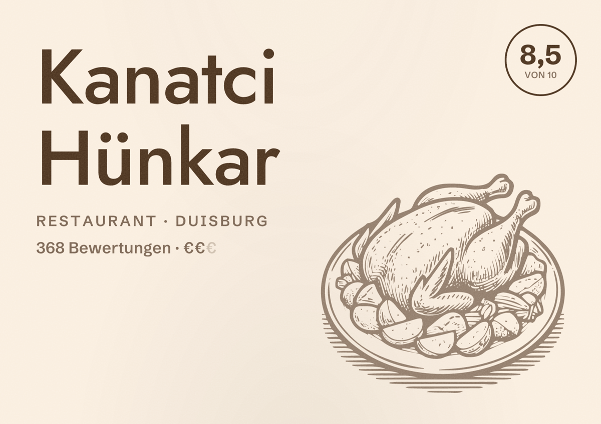 Illustriertes Poster von Kanatci Hünkar, Restaurant in Duisburg: Bewertung 8,5 von 10 aus 368 Bewertungen, Preisniveau €€