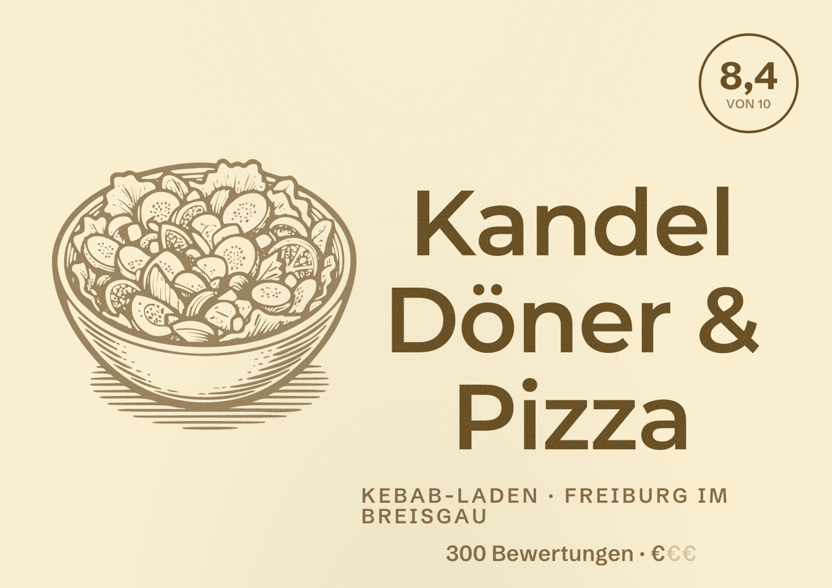 Illustriertes Poster von Kandel Döner & Pizza, Kebab-Laden in Freiburg im Breisgau: Bewertung 8,4 von 10 aus 300 Bewertungen, Preisniveau €