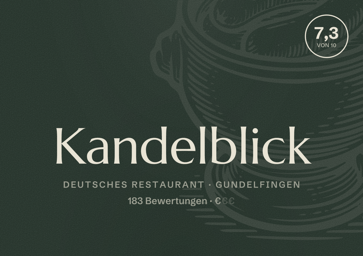 Illustriertes Poster von Kandelblick, Deutsches Restaurant in Gundelfingen: Bewertung 7,3 von 10 aus 183 Bewertungen, Preisniveau €