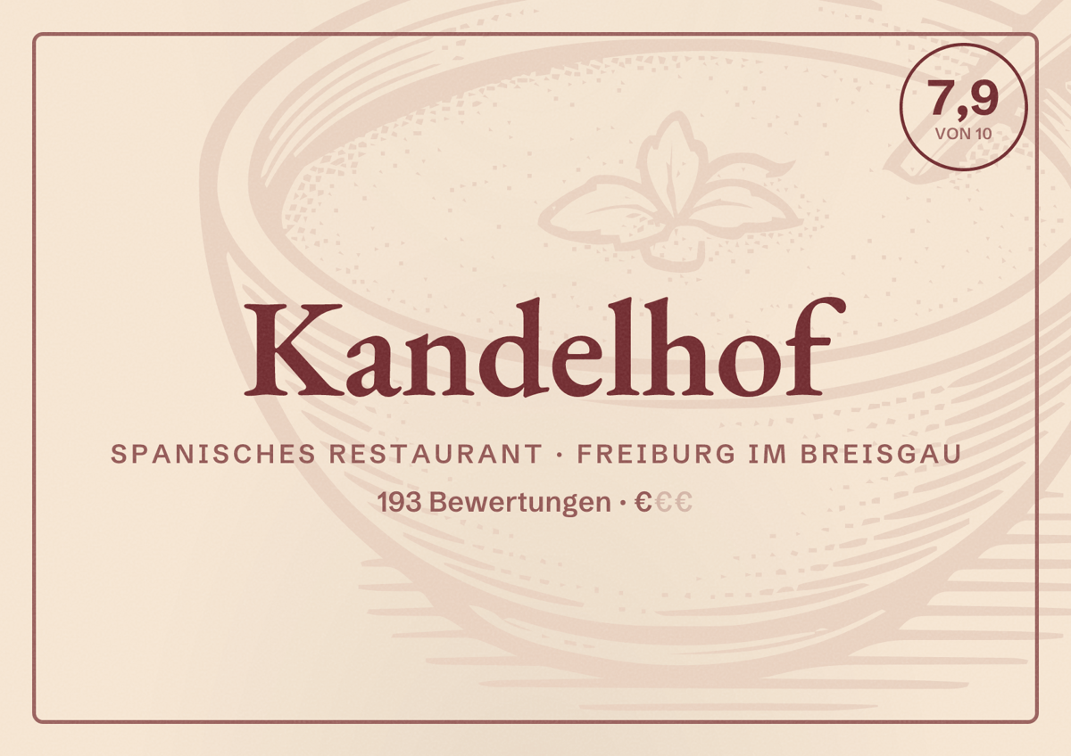 Illustriertes Poster von Kandelhof, Spanisches Restaurant in Freiburg im Breisgau: Bewertung 7,9 von 10 aus 193 Bewertungen, Preisniveau €