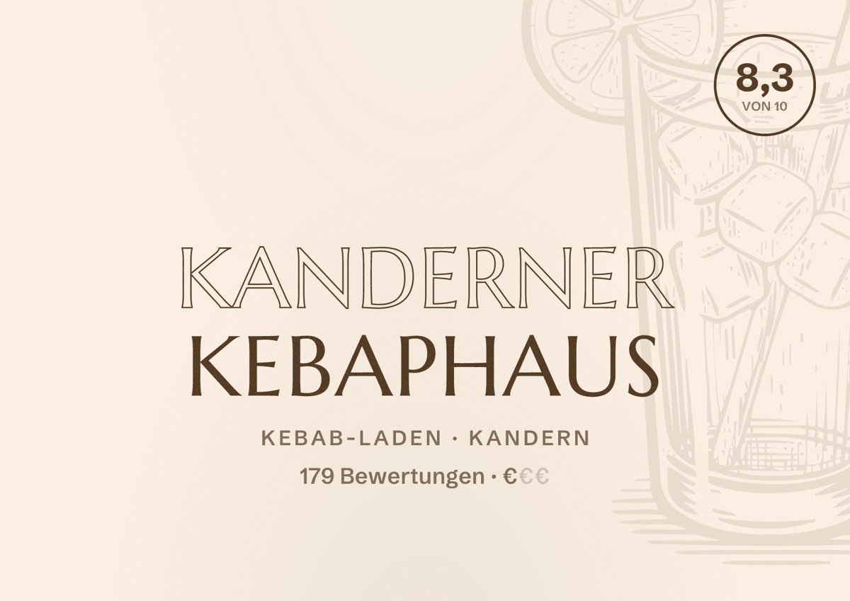 Illustriertes Poster von Kanderner Kebaphaus, Kebab-Laden in Kandern: Bewertung 8,3 von 10 aus 179 Bewertungen, Preisniveau €
