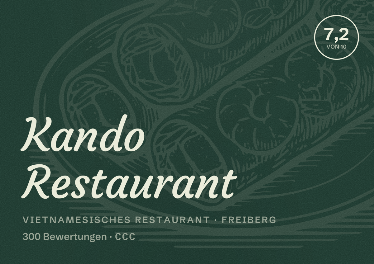 Illustriertes Poster von Kando Restaurant, Vietnamesisches Restaurant in Freiberg: Bewertung 7,2 von 10 aus 300 Bewertungen, Preisniveau €€€