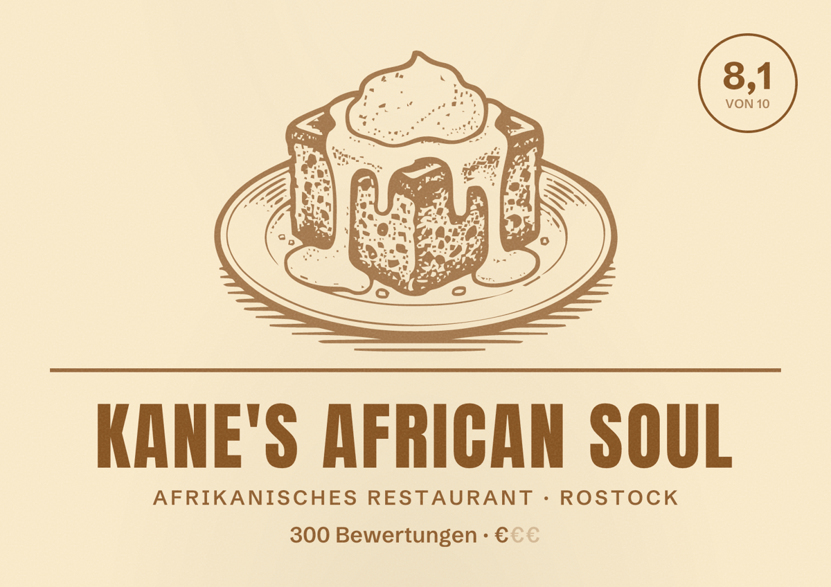 Illustriertes Poster von Kane's African Soul, Afrikanisches Restaurant in Rostock: Bewertung 8,1 von 10 aus 300 Bewertungen, Preisniveau €