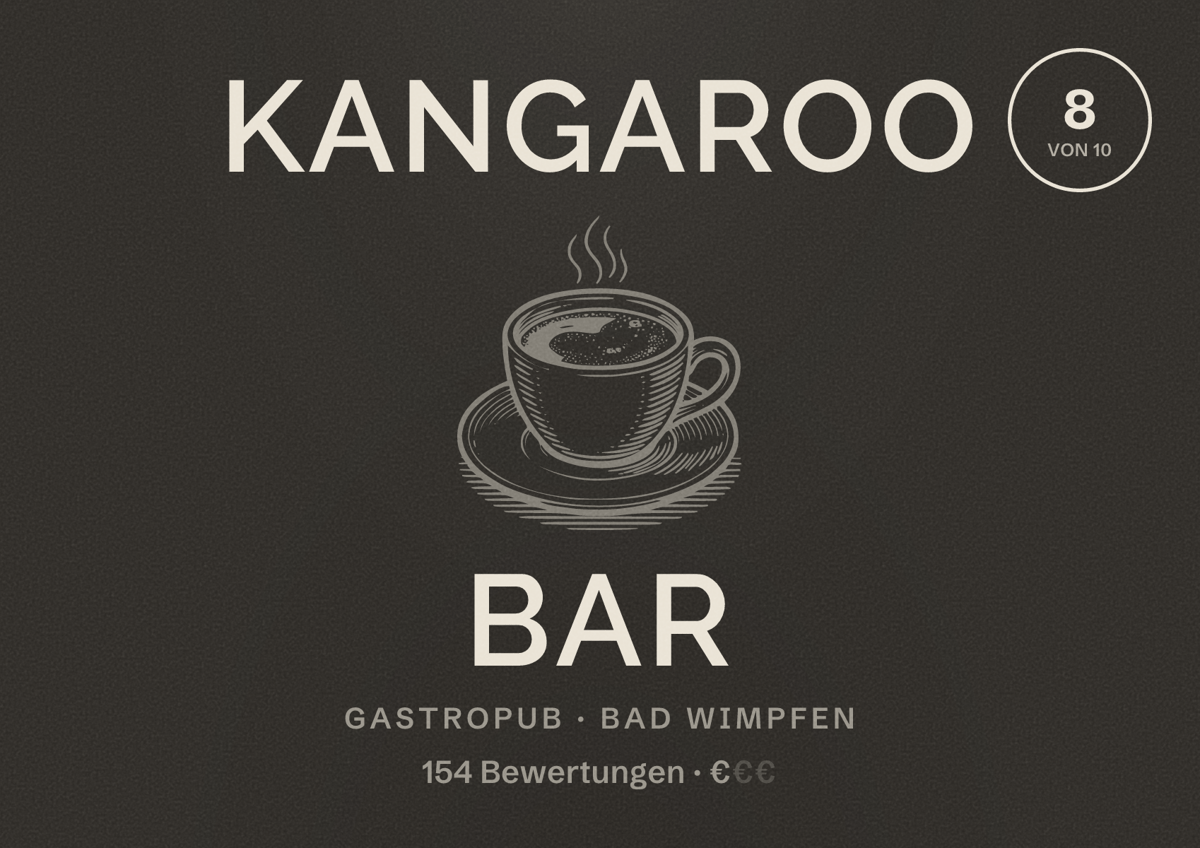 Illustriertes Poster von Kangaroo bar, Gastropub in Bad Wimpfen: Bewertung 8 von 10 aus 154 Bewertungen, Preisniveau €