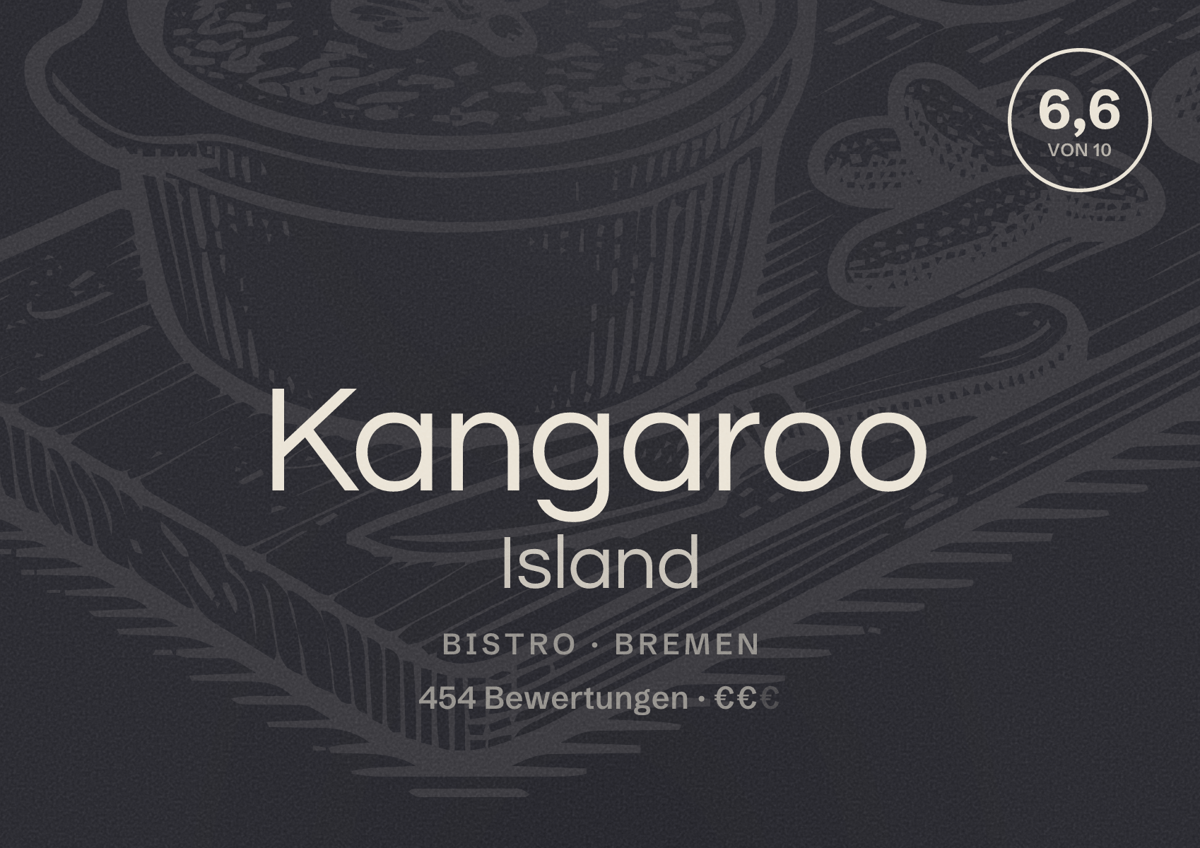 Illustriertes Poster von Kangaroo Island, Bistro in Bremen: Bewertung 6,6 von 10 aus 454 Bewertungen, Preisniveau €€