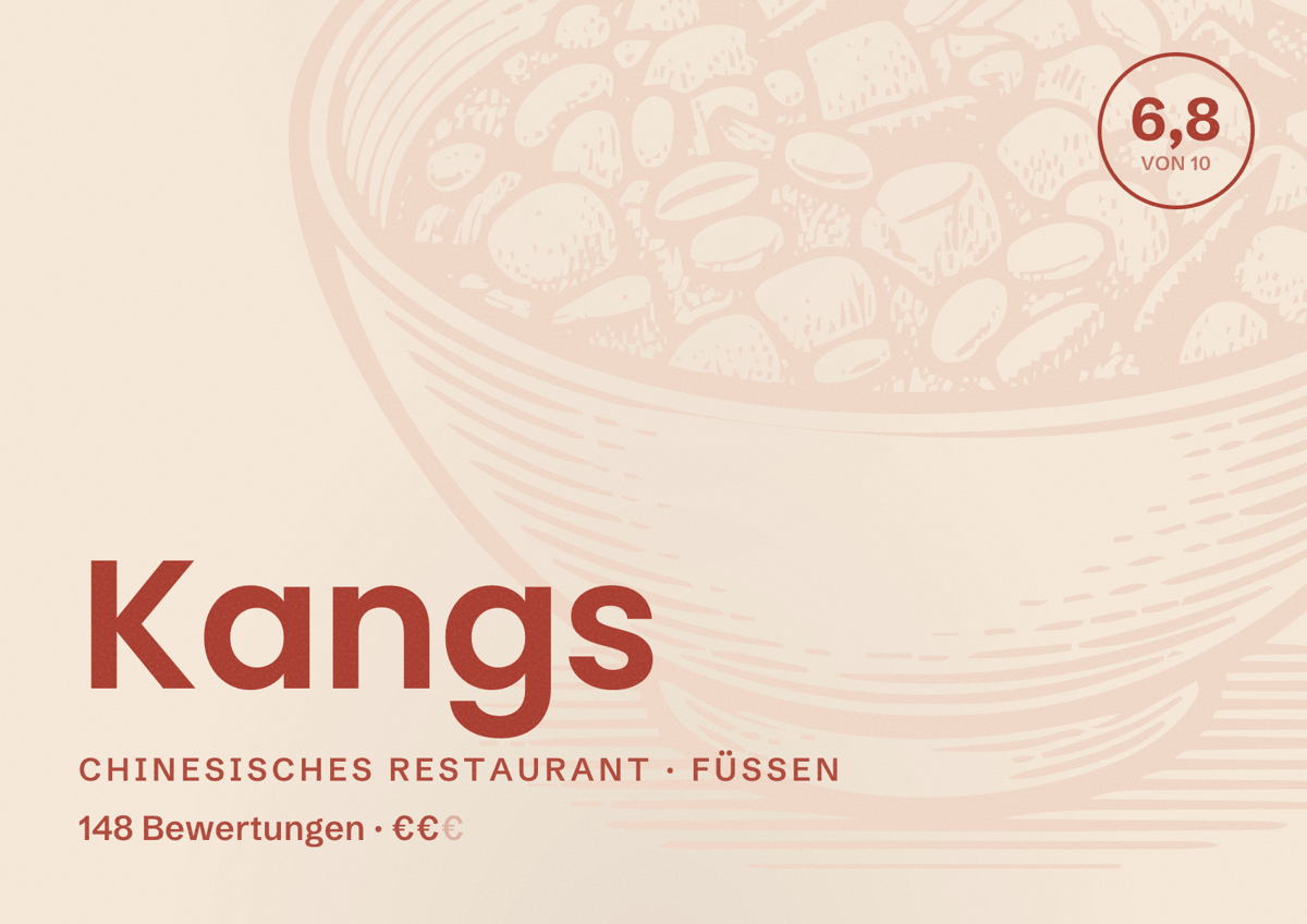 Illustriertes Poster von Kangs, Chinesisches Restaurant in Füssen: Bewertung 6,8 von 10 aus 148 Bewertungen, Preisniveau €€