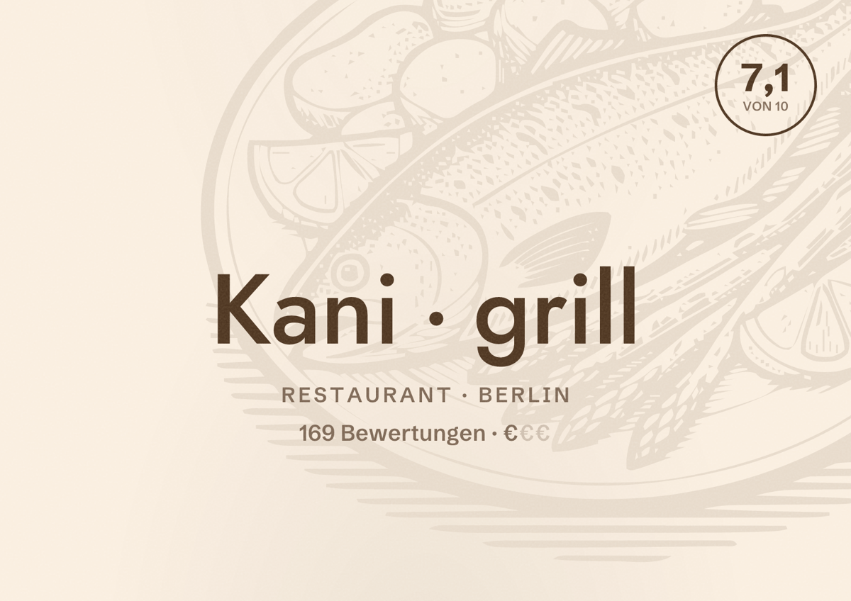 Illustriertes Poster von Kani grill, Restaurant in Berlin: Bewertung 7,1 von 10 aus 169 Bewertungen, Preisniveau €