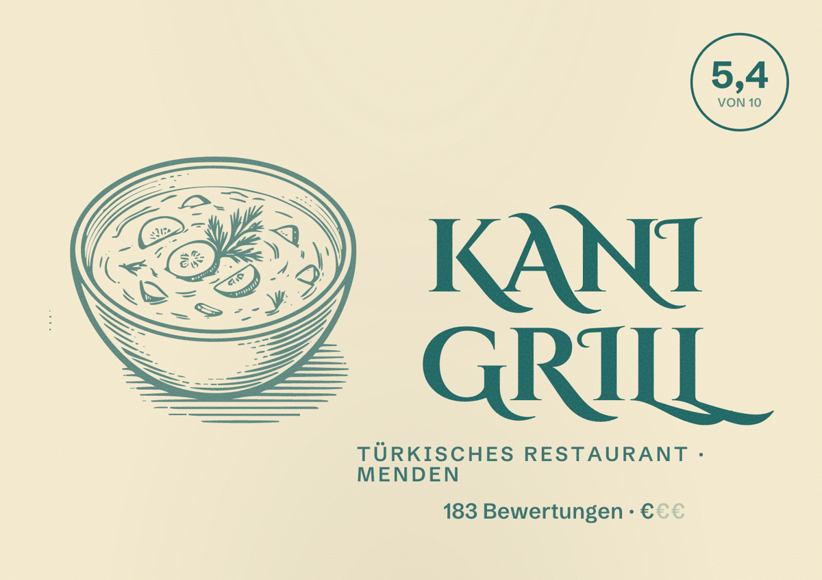 Illustriertes Poster von Kani Grill, Türkisches Restaurant in Menden: Bewertung 5,4 von 10 aus 183 Bewertungen, Preisniveau €