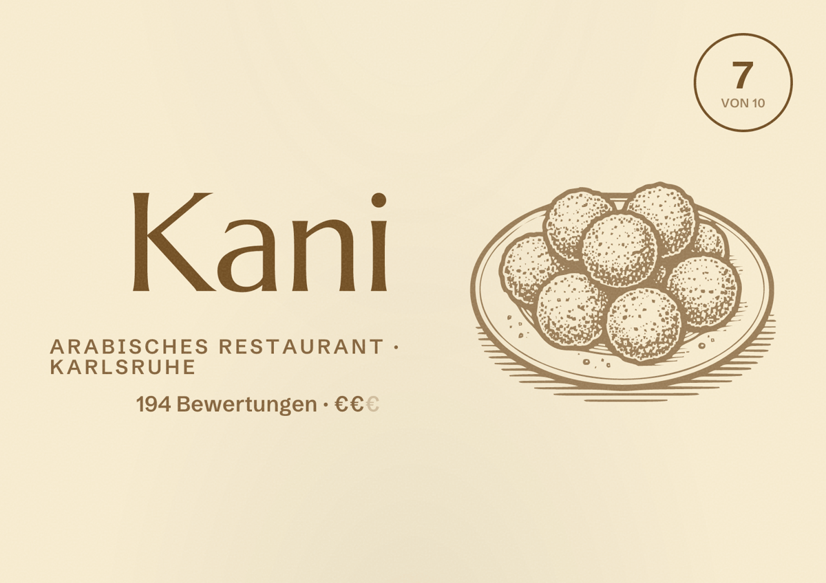 Illustriertes Poster von Kani, Arabisches Restaurant in Karlsruhe: Bewertung 7 von 10 aus 194 Bewertungen, Preisniveau €€