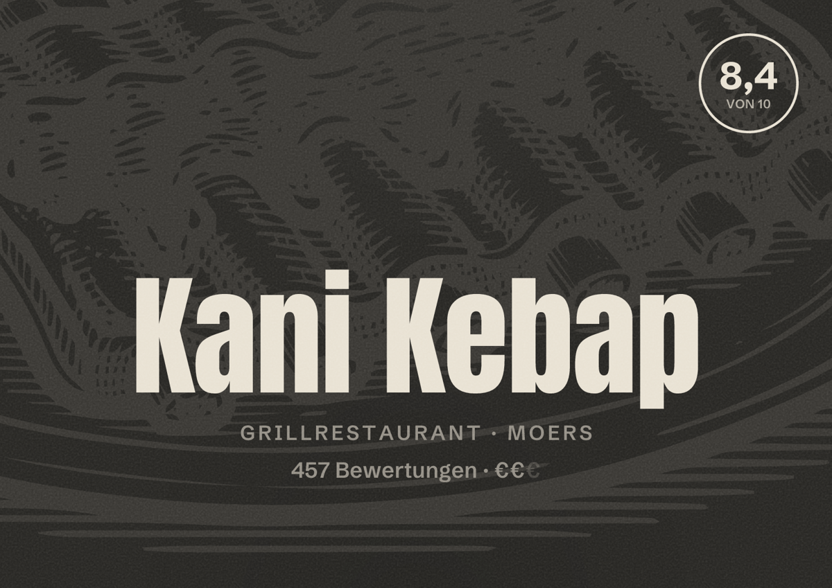 Illustriertes Poster von Kani Kebap, Grillrestaurant in Moers: Bewertung 8,4 von 10 aus 457 Bewertungen, Preisniveau €€