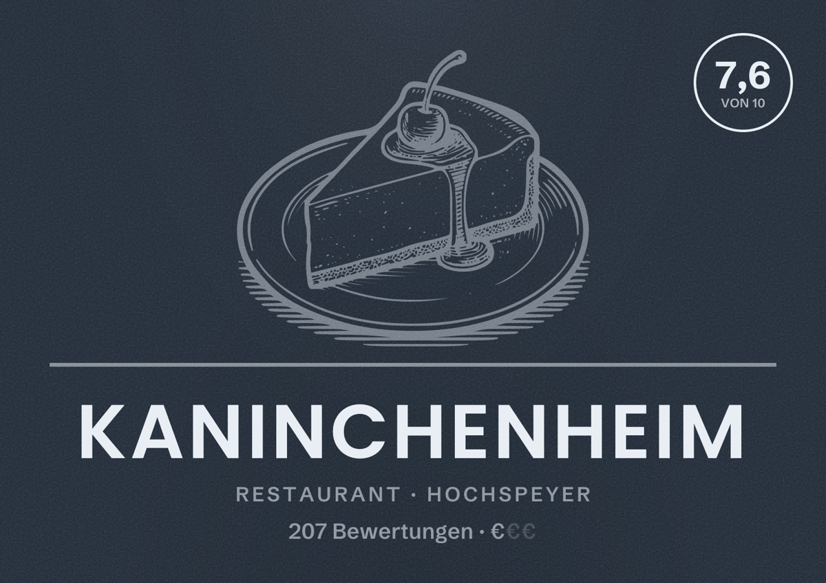 Illustriertes Poster von Kaninchenheim, Restaurant in Hochspeyer: Bewertung 7,6 von 10 aus 207 Bewertungen, Preisniveau €