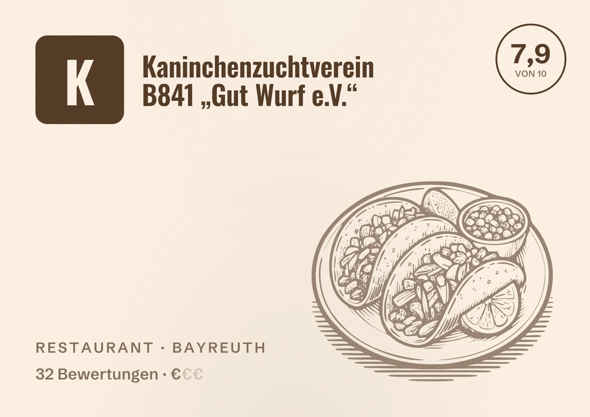 Illustriertes Poster von Kaninchenzuchtverein B841 „Gut Wurf e.V.“, Restaurant in Bayreuth: Bewertung 7,9 von 10 aus 32 Bewertungen, Preisniveau €