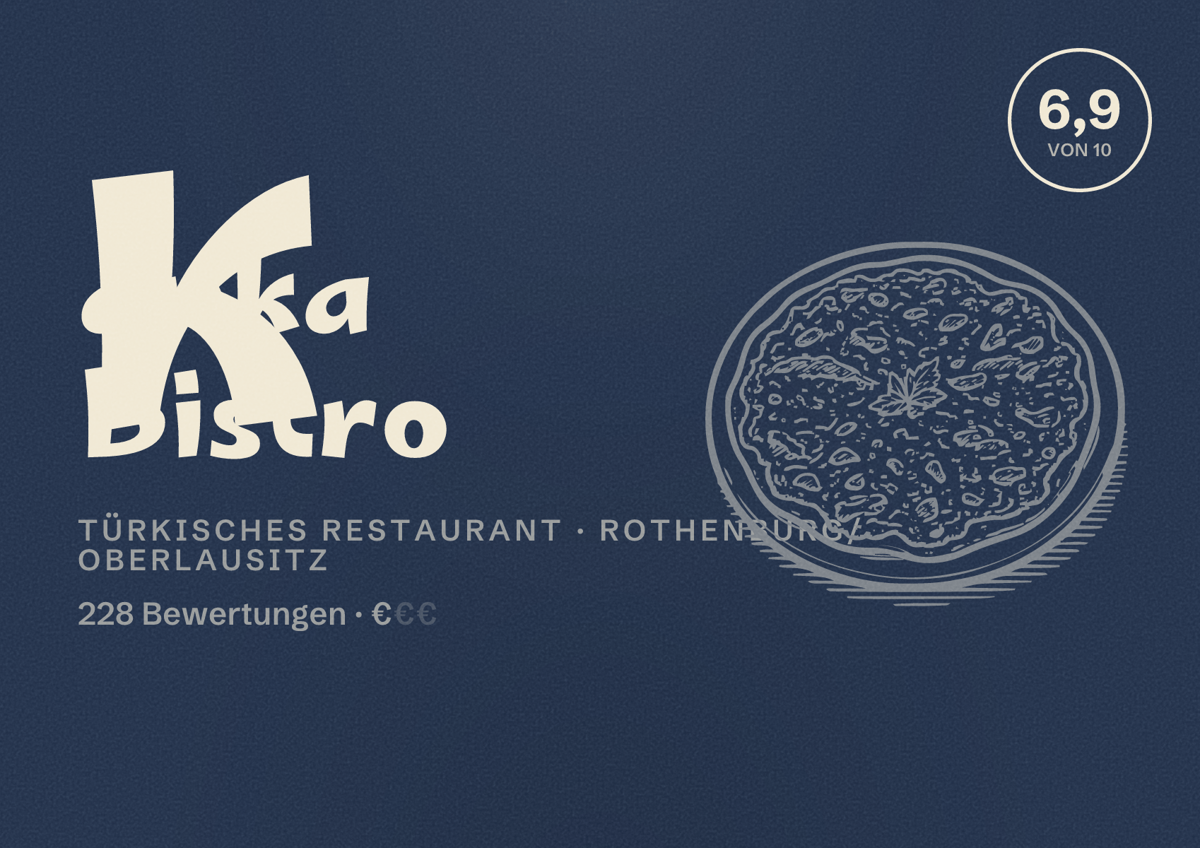 Illustriertes Poster von Kanka Bistro, Türkisches Restaurant in Rothenburg/Oberlausitz: Bewertung 6,9 von 10 aus 228 Bewertungen, Preisniveau €