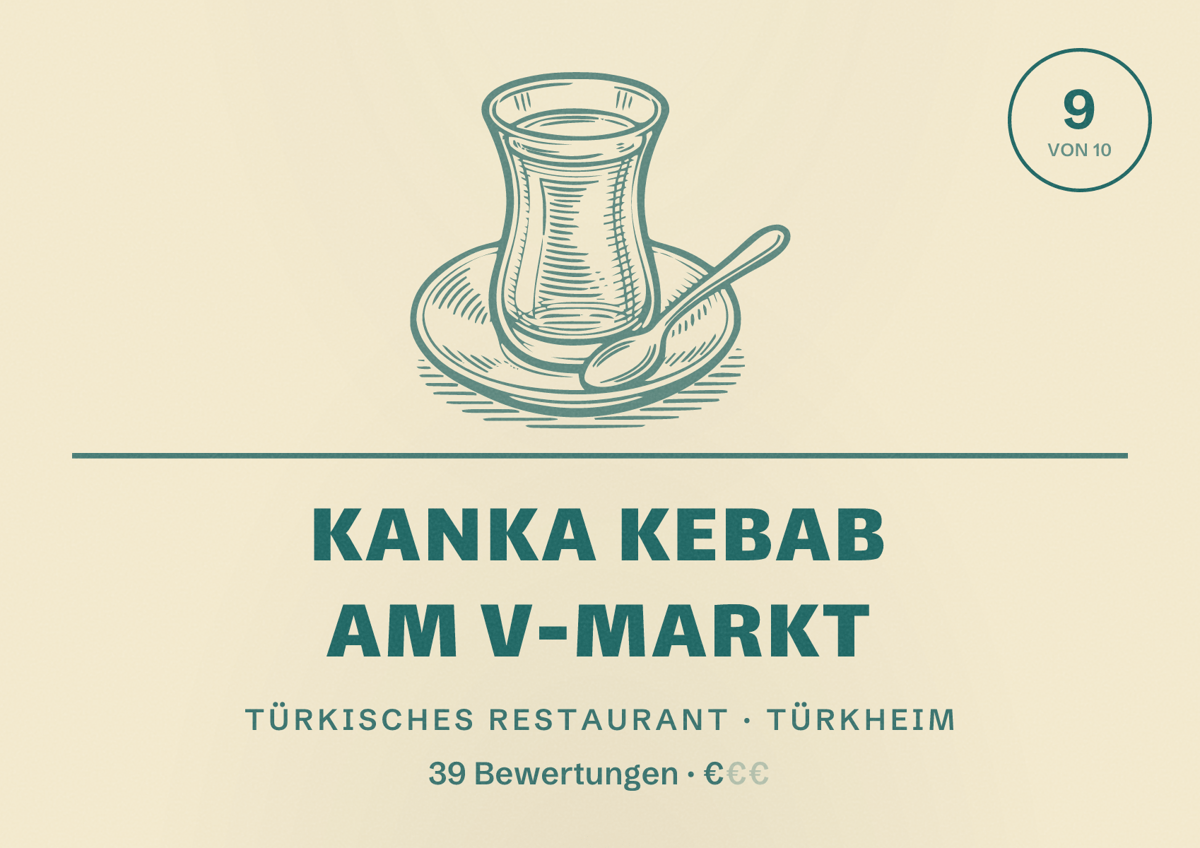 Illustriertes Poster von Kanka Kebab am V-Markt, Türkisches Restaurant in Türkheim: Bewertung 9 von 10 aus 39 Bewertungen, Preisniveau €