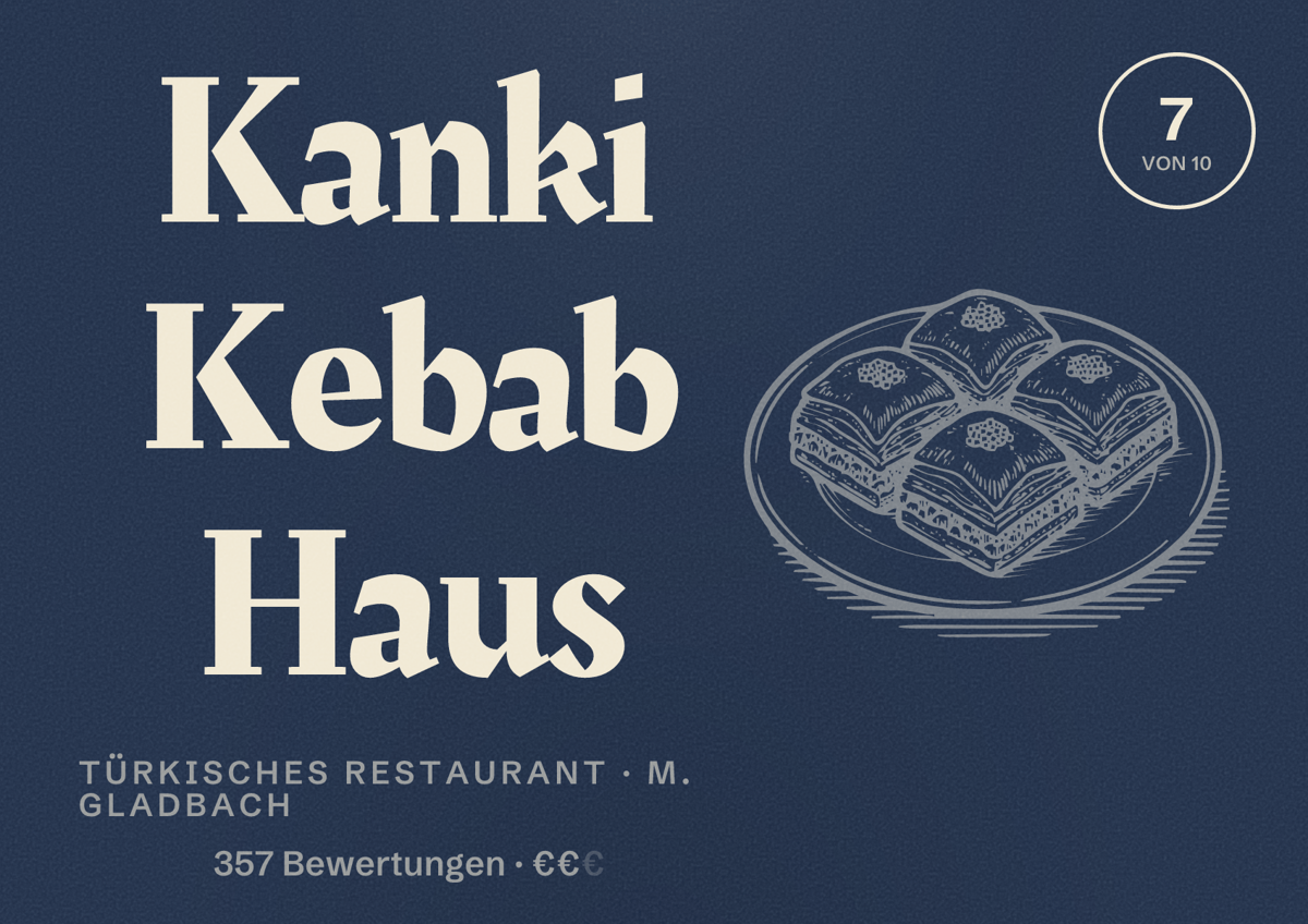 Illustriertes Poster von Kanki Kebab Haus, Türkisches Restaurant in M. Gladbach: Bewertung 7 von 10 aus 357 Bewertungen, Preisniveau €€