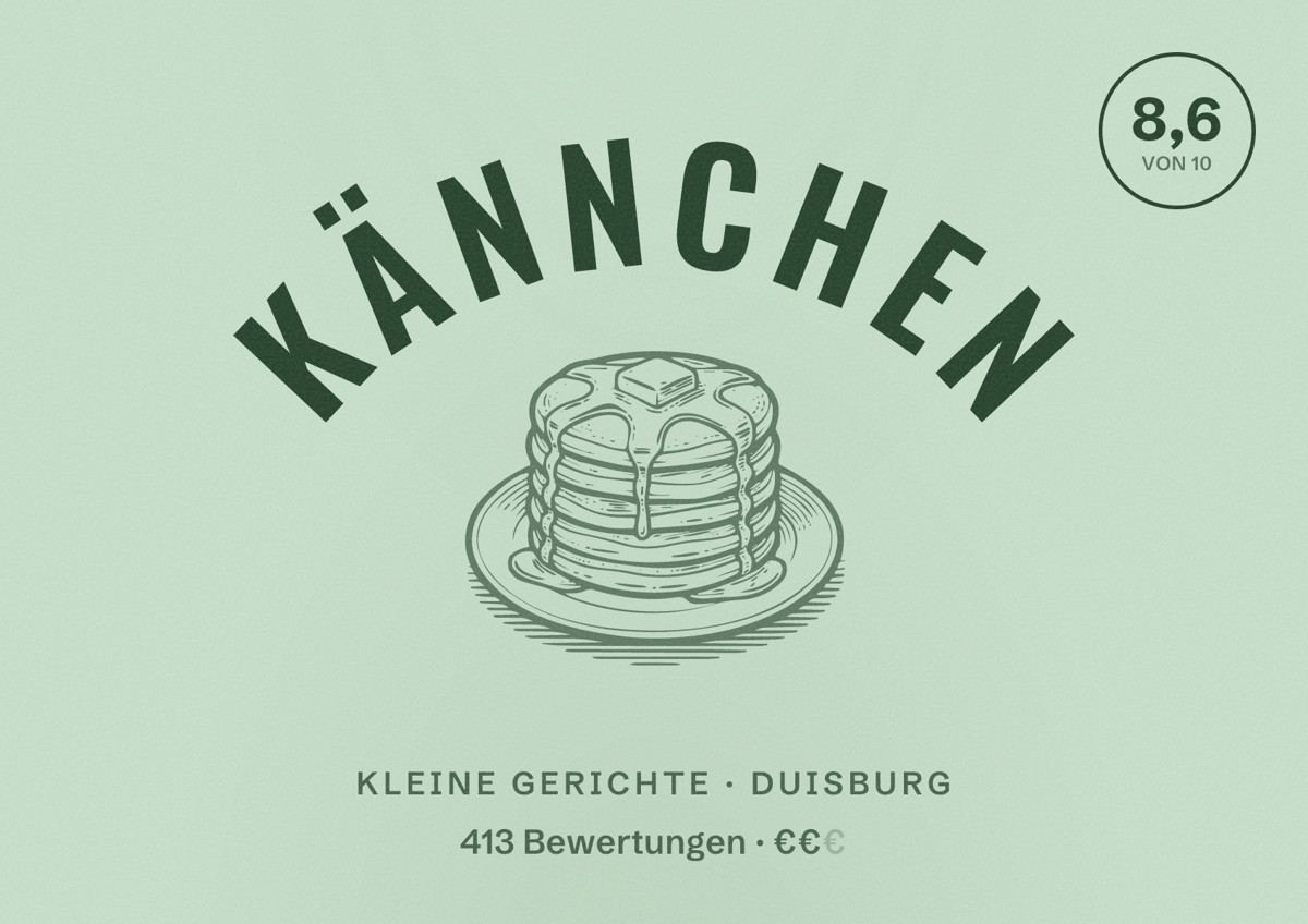 Illustriertes Poster von Kännchen, Kleine Gerichte in Duisburg: Bewertung 8,6 von 10 aus 413 Bewertungen, Preisniveau €€