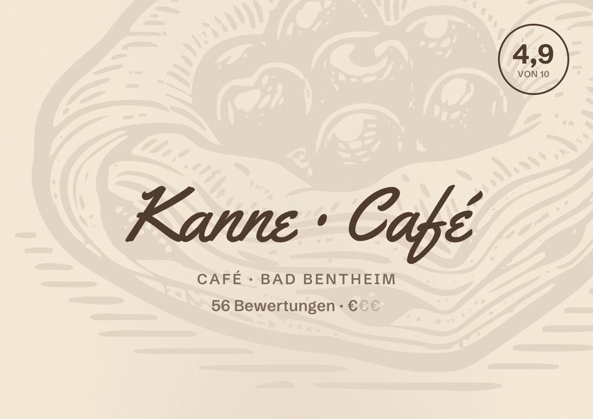 Illustriertes Poster von Kanne Café, Café in Bad Bentheim: Bewertung 4,9 von 10 aus 56 Bewertungen, Preisniveau €