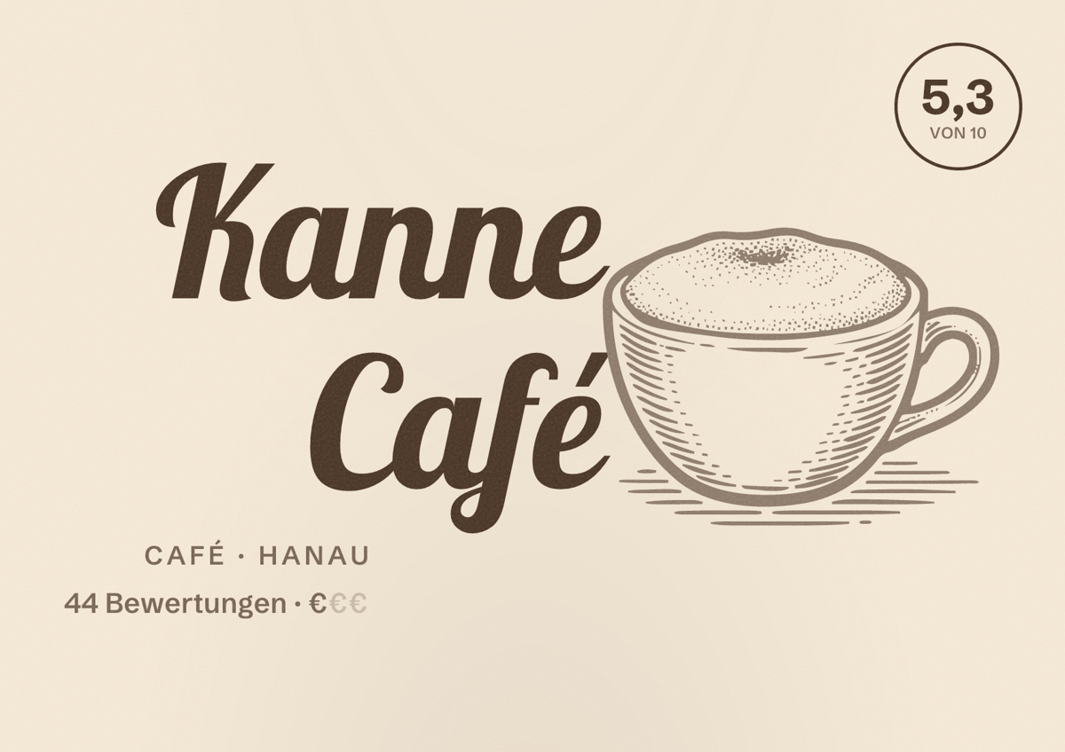 Illustriertes Poster von Kanne Café, Café in Hanau: Bewertung 5,3 von 10 aus 44 Bewertungen, Preisniveau €