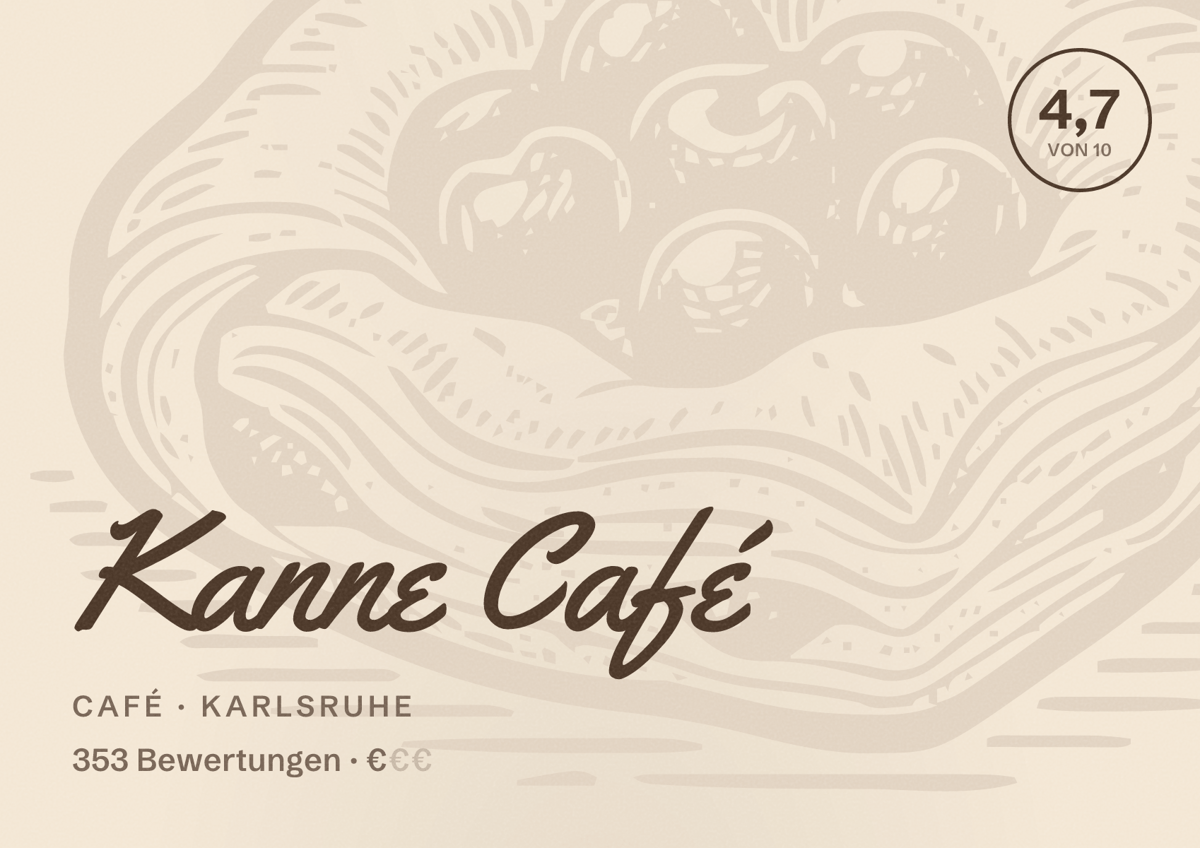 Illustriertes Poster von Kanne Café, Café in Karlsruhe: Bewertung 4,7 von 10 aus 353 Bewertungen, Preisniveau €
