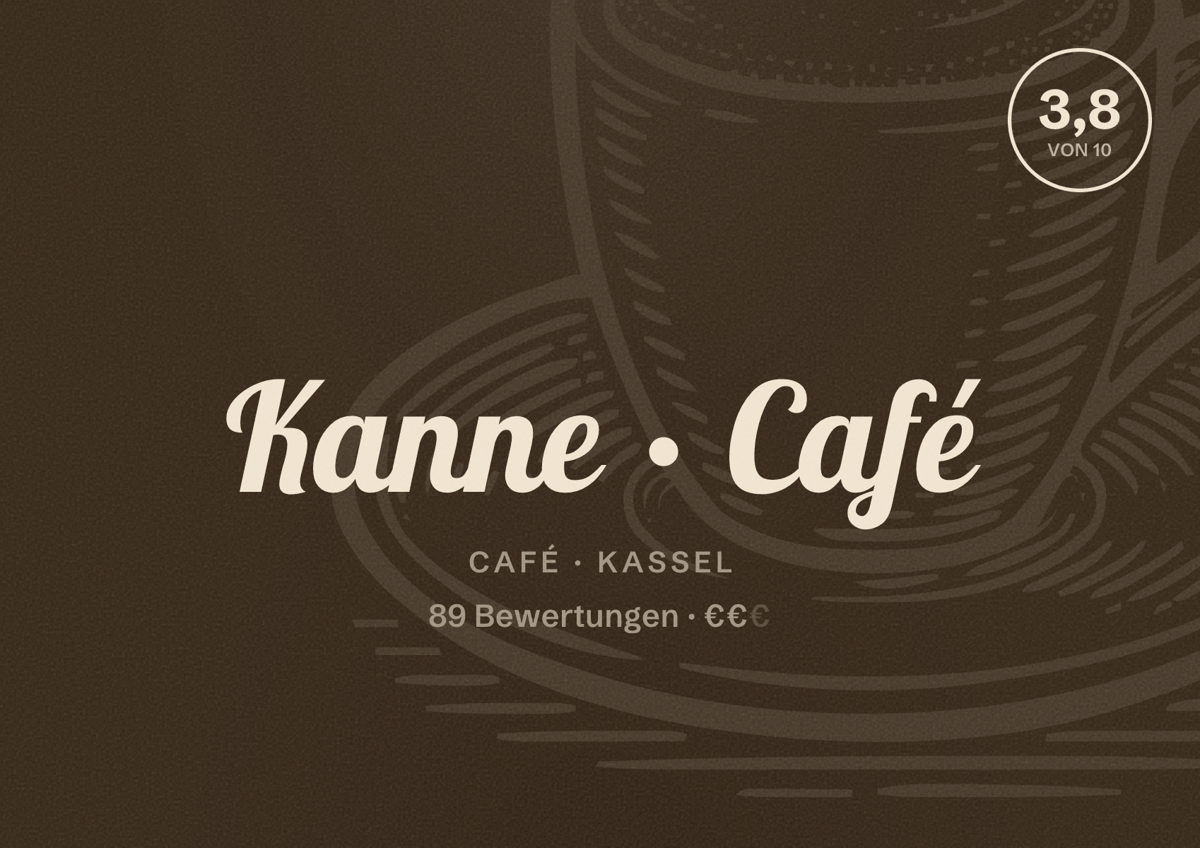 Illustriertes Poster von Kanne Café, Café in Kassel: Bewertung 3,8 von 10 aus 89 Bewertungen, Preisniveau €€