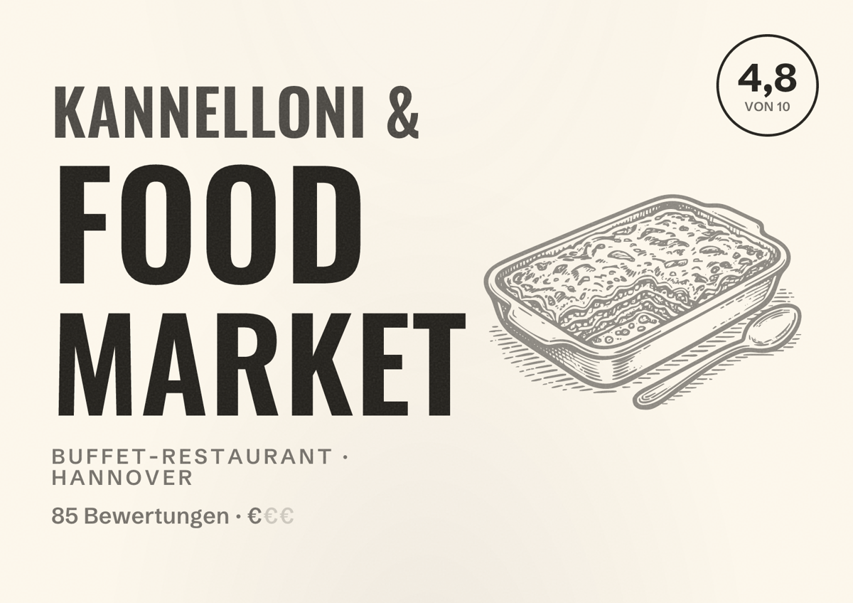 Illustriertes Poster von Kannelloni & Food Market, Buffet-Restaurant in Hannover: Bewertung 4,8 von 10 aus 85 Bewertungen, Preisniveau €