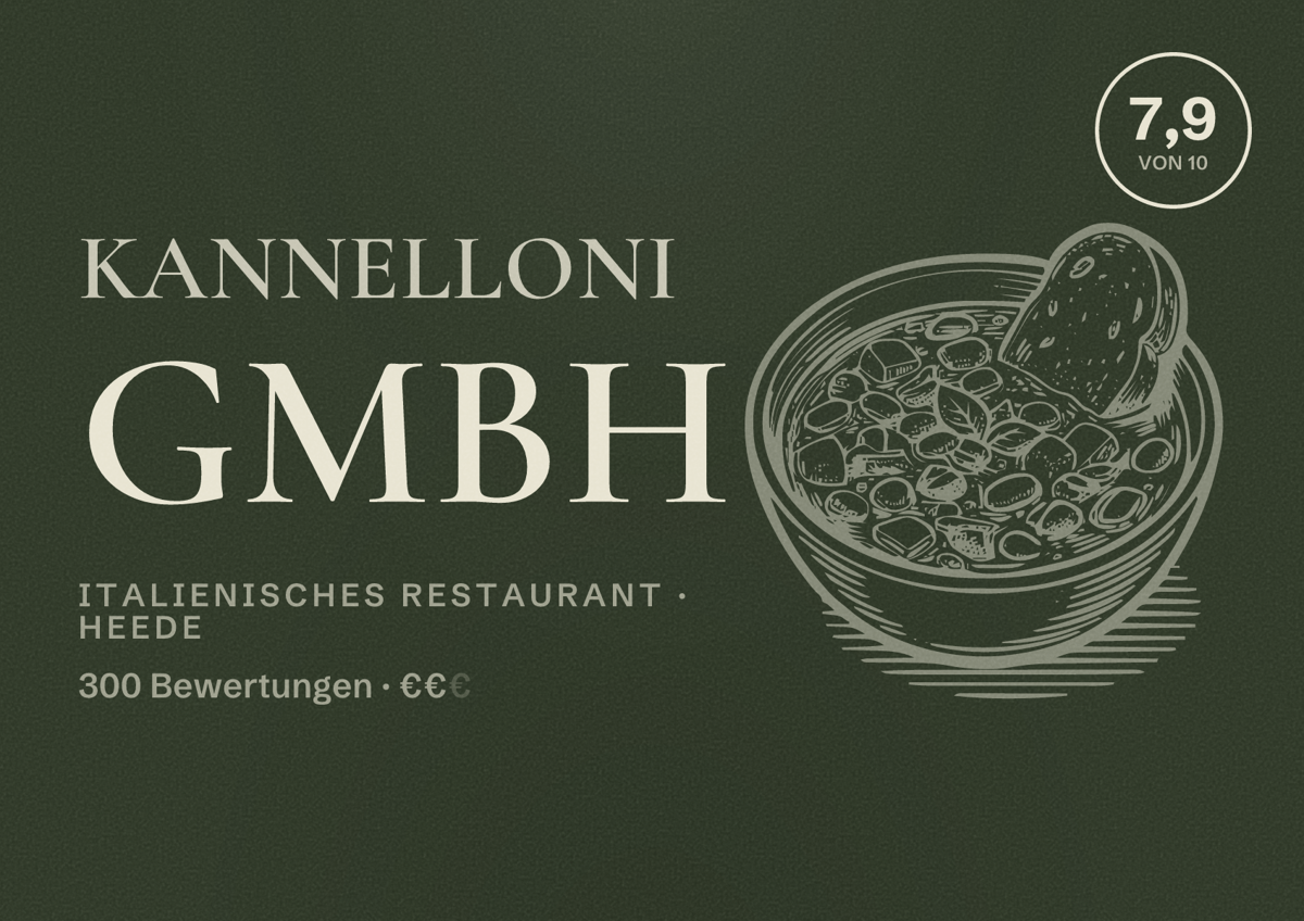 Illustriertes Poster von Kannelloni GmbH, Italienisches Restaurant in Heede: Bewertung 7,9 von 10 aus 300 Bewertungen, Preisniveau €€