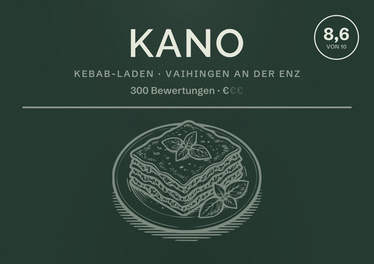 Illustriertes Poster von KANO, Kebab-Laden in Vaihingen an der Enz: Bewertung 8,6 von 10 aus 300 Bewertungen, Preisniveau €