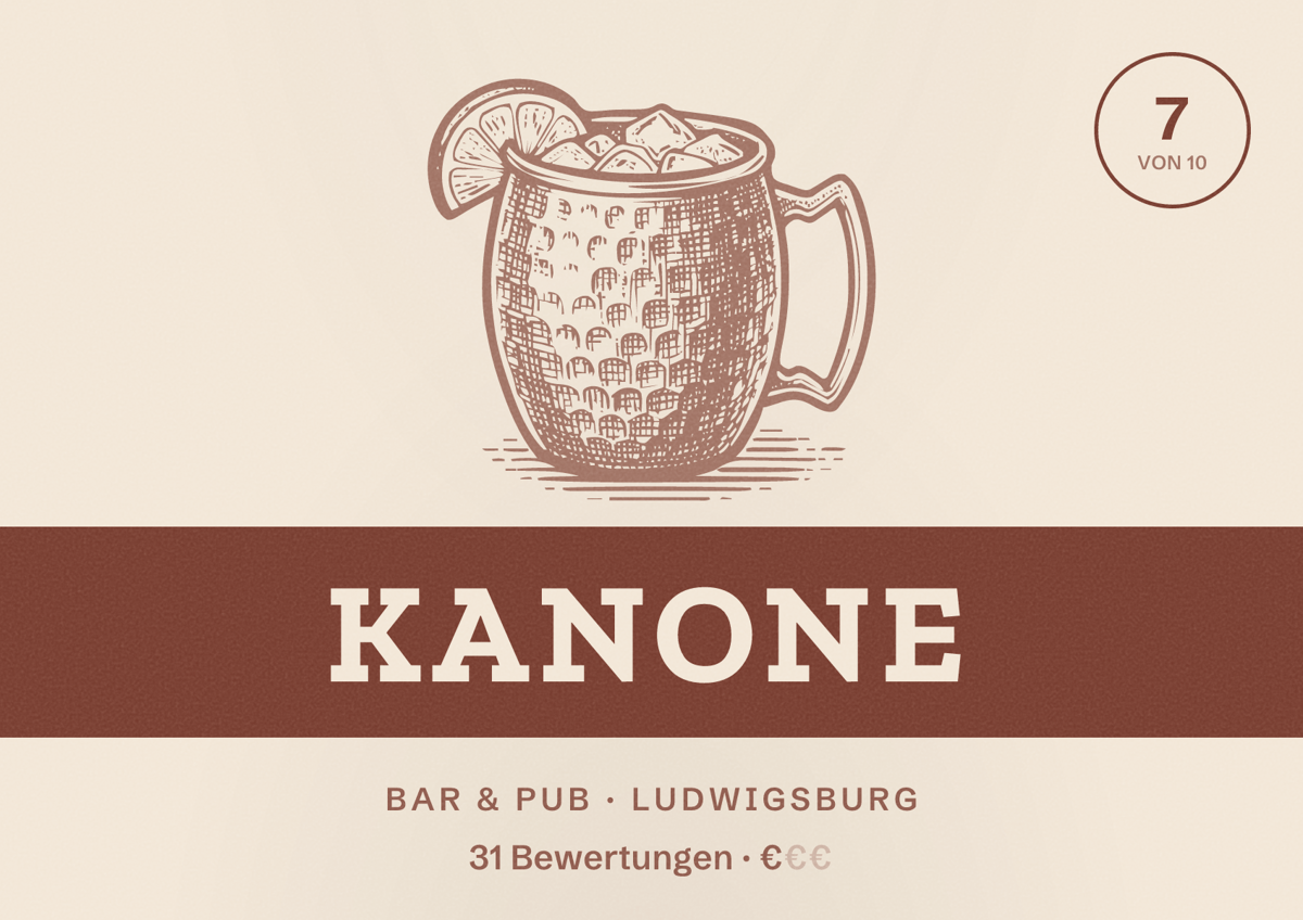 Illustriertes Poster von Kanone, Bar & Pub in Ludwigsburg: Bewertung 7 von 10 aus 31 Bewertungen, Preisniveau €