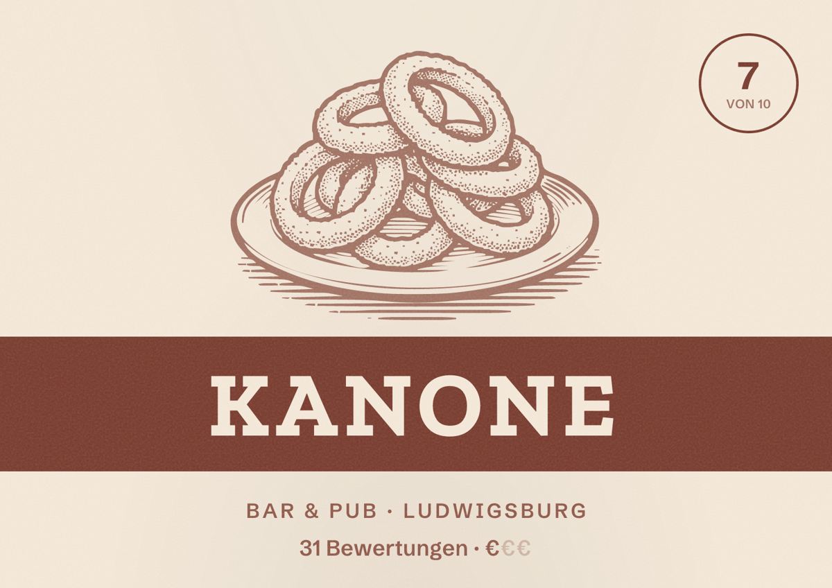 Illustriertes Poster von Kanone, Bar & Pub in Ludwigsburg: Bewertung 7 von 10 aus 31 Bewertungen, Preisniveau €
