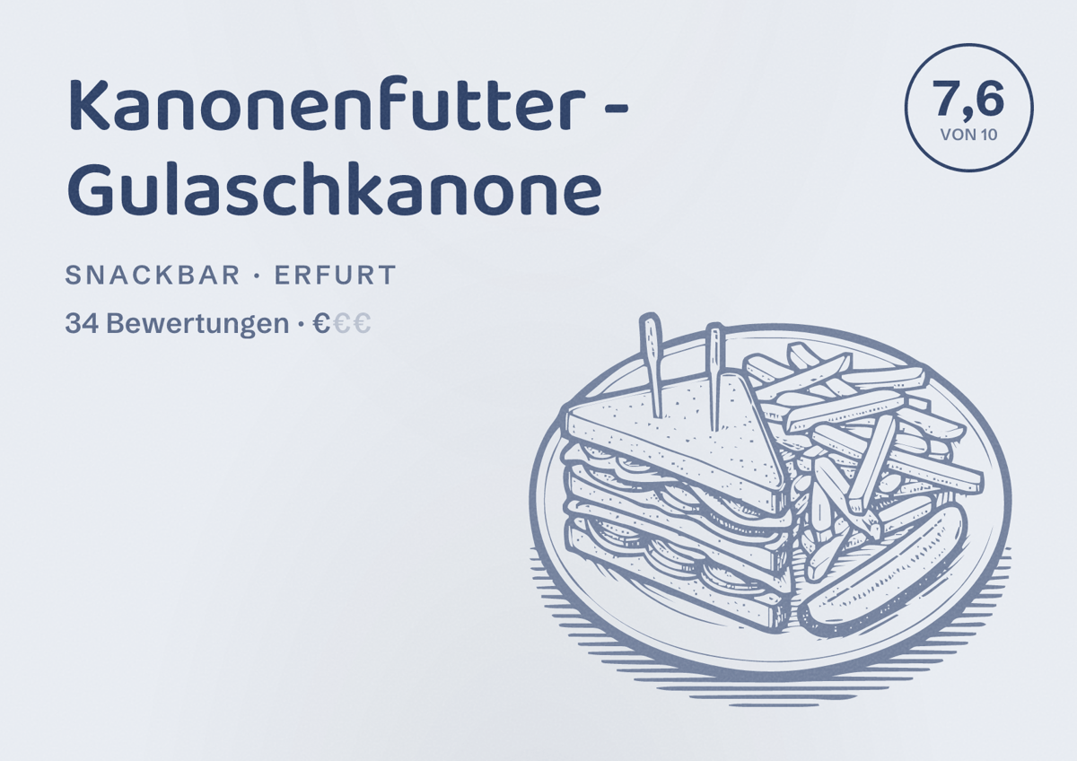 Illustriertes Poster von Kanonenfutter - Gulaschkanone, Snackbar in Erfurt: Bewertung 7,6 von 10 aus 34 Bewertungen, Preisniveau €