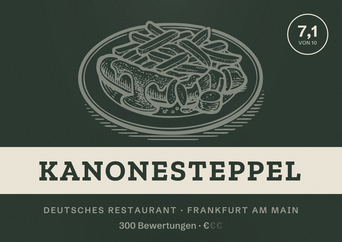 Illustriertes Poster von Kanonesteppel, Deutsches Restaurant in Frankfurt am Main: Bewertung 7,1 von 10 aus 300 Bewertungen, Preisniveau €