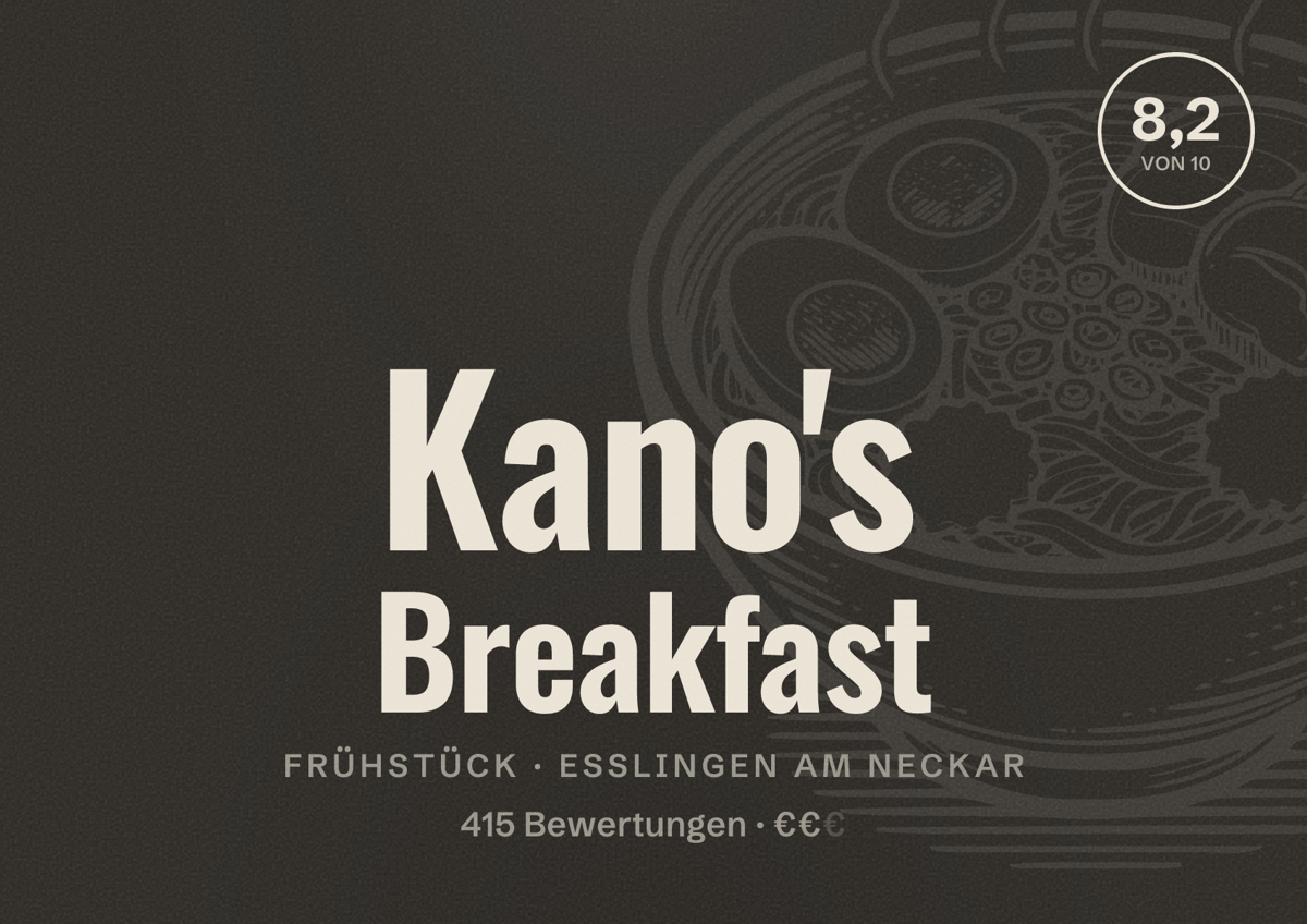 Illustriertes Poster von Kano's Breakfast, Frühstück in Esslingen am Neckar: Bewertung 8,2 von 10 aus 415 Bewertungen, Preisniveau €€