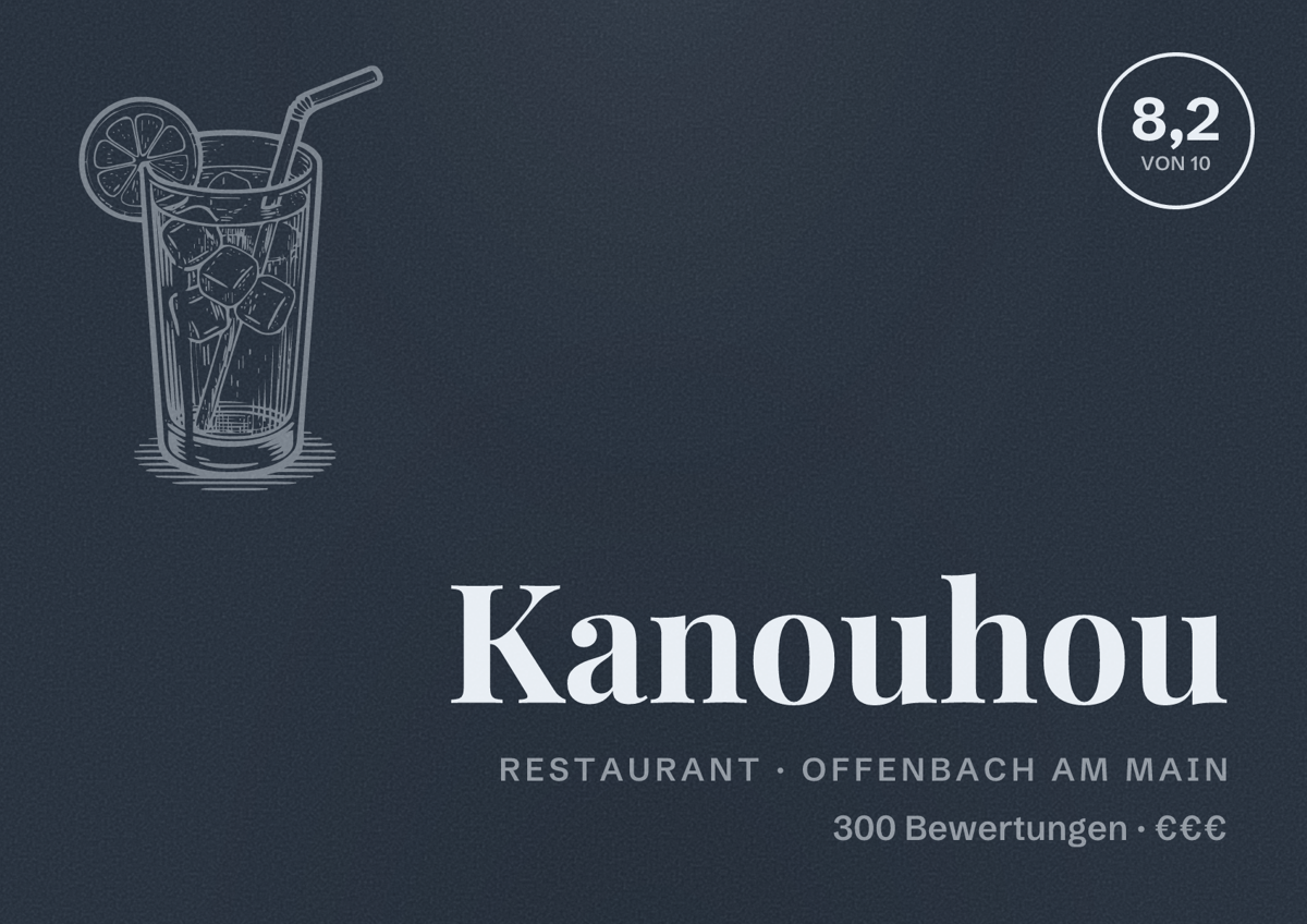 Illustriertes Poster von Kanouhou, Restaurant in Offenbach am Main: Bewertung 8,2 von 10 aus 300 Bewertungen, Preisniveau €€€