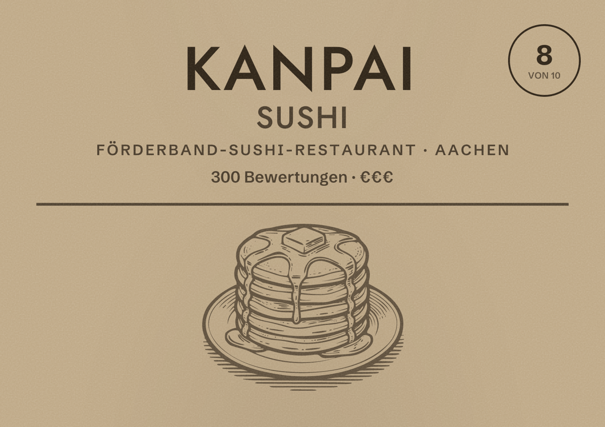 Illustriertes Poster von Kanpai Sushi, Förderband-Sushi-Restaurant in Aachen: Bewertung 8 von 10 aus 300 Bewertungen, Preisniveau €€€