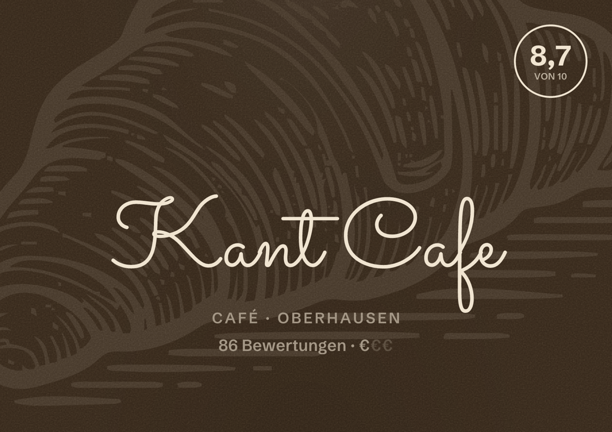 Illustriertes Poster von Kant Cafe, Café in Oberhausen: Bewertung 8,7 von 10 aus 86 Bewertungen, Preisniveau €