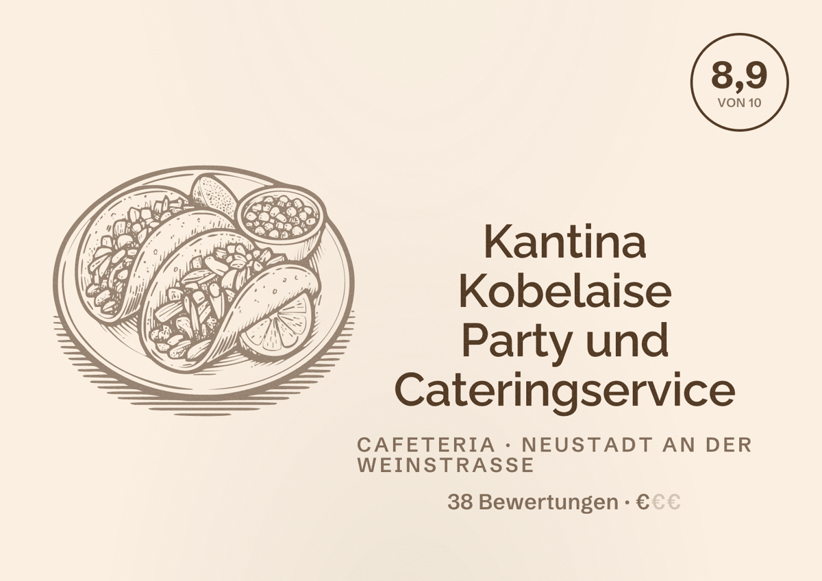 Illustriertes Poster von Kantina Kobelaise Party und Cateringservice, Cafeteria in Neustadt an der Weinstraße: Bewertung 8,9 von 10 aus 38 Bewertungen, Preisniveau €