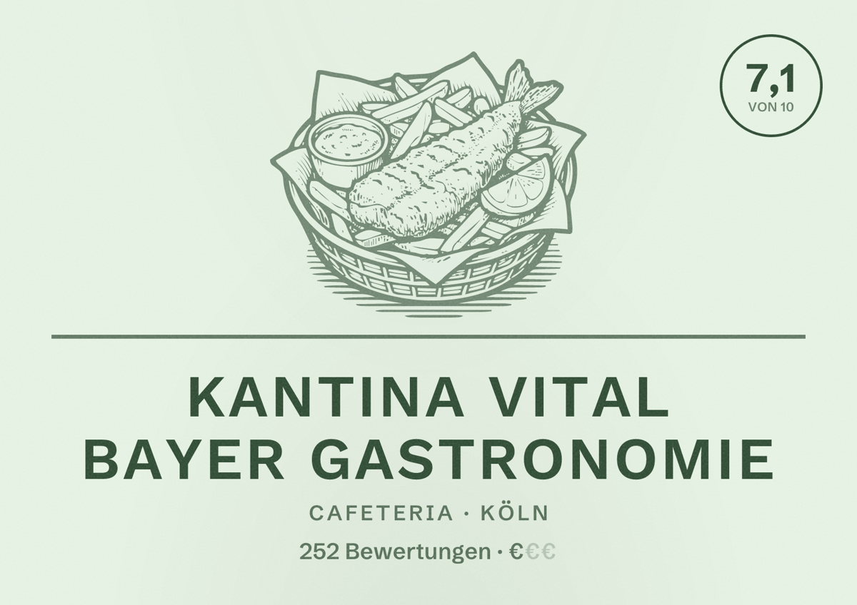 Illustriertes Poster von Kantina Vital Bayer Gastronomie, Cafeteria in Köln: Bewertung 7,1 von 10 aus 252 Bewertungen, Preisniveau €